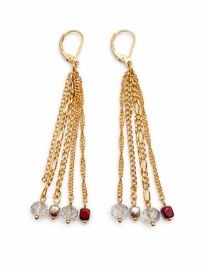 Gold Tassel Chain Earrings with Clear and Burgundy Beads